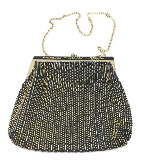 Vintage Gold and Black Beaded Evening Shoulder Handbag Metal Frame - Picture 1 of 12
